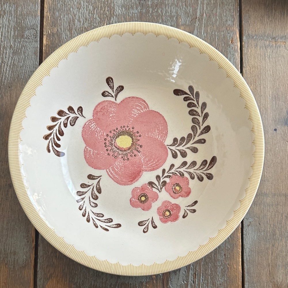 Vintage 80s Floral Ceramic Bowl with Pink and Yellow Accents